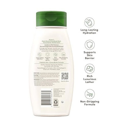 Aveeno Daily Moisturizing Body Wash with Cocoa Butter Vanilla Scent & Soothing Prebiotic Oat – Long-Lasting Hydration for Sensitive Skin, Hypoallergenic, Paraben-Free, 18 fl. oz