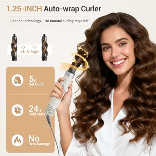 6-in-1 High Speed Ionic Hair Styler with Auto-Wrap Curlers, Blow Dryer Oval Brush & Volumizer – Fast Drying, Curling, Smoothing & Volume (Pearl White) Avelisse