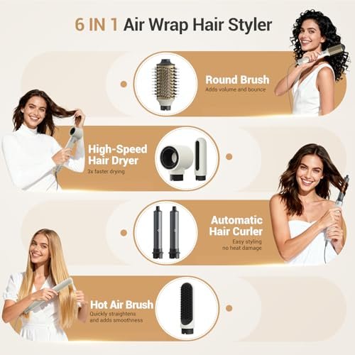 6-in-1 High Speed Ionic Hair Styler with Auto-Wrap Curlers, Blow Dryer Oval Brush & Volumizer – Fast Drying, Curling, Smoothing & Volume (Pearl White) Avelisse