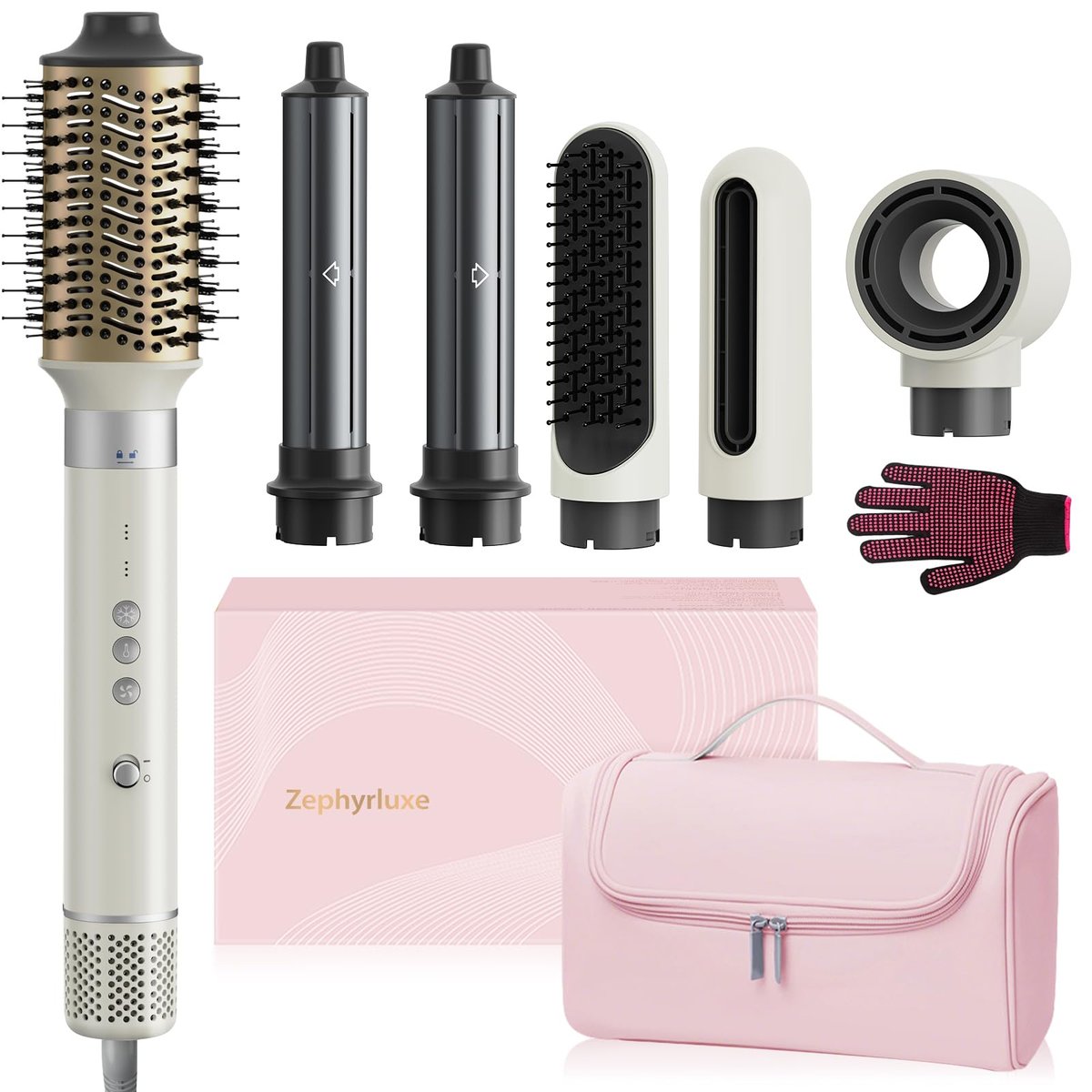 6-in-1 High Speed Ionic Hair Styler with Auto-Wrap Curlers, Blow Dryer Oval Brush & Volumizer – Fast Drying, Curling, Smoothing & Volume (Pearl White) Avelisse