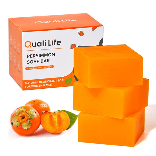QualiLife 3-Pack Persimmon Soap Bar for Body Odor Control - Natural Deodorizing Soap for Old People Smell, Organic Body Wash for Women & Men