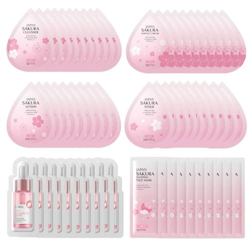 Sakura Travel Skincare Sets - 60pcs Mini Travel Skin Care Kit with Cleanser, Toner, Lotion, Serum, Cream, Sleeping Mask Avelisse