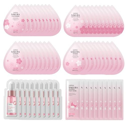 Sakura Travel Skincare Sets - 60pcs Mini Travel Skin Care Kit with Cleanser, Toner, Lotion, Serum, Cream, Sleeping Mask Avelisse