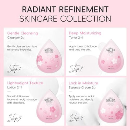 Sakura Travel Skincare Sets - 60pcs Mini Travel Skin Care Kit with Cleanser, Toner, Lotion, Serum, Cream, Sleeping Mask Avelisse