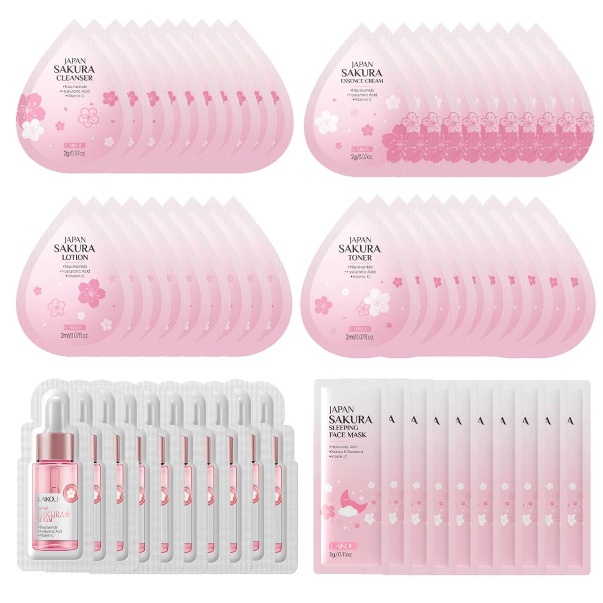 Sakura Travel Skincare Sets - 60pcs Mini Travel Skin Care Kit with Cleanser, Toner, Lotion, Serum, Cream, Sleeping Mask Avelisse