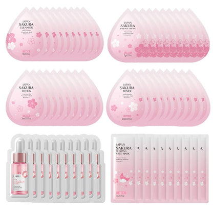 Sakura Travel Skincare Sets - 60pcs Mini Travel Skin Care Kit with Cleanser, Toner, Lotion, Serum, Cream, Sleeping Mask Avelisse