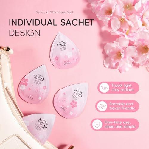 Sakura Travel Skincare Sets - 60pcs Mini Travel Skin Care Kit with Cleanser, Toner, Lotion, Serum, Cream, Sleeping Mask Avelisse