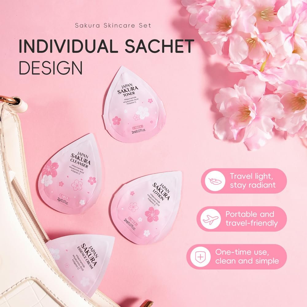 Sakura Travel Skincare Sets - 60pcs Mini Travel Skin Care Kit with Cleanser, Toner, Lotion, Serum, Cream, Sleeping Mask Avelisse