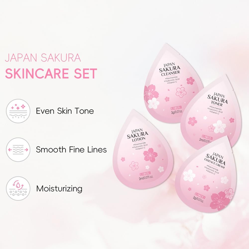 Sakura Travel Skincare Sets - 60pcs Mini Travel Skin Care Kit with Cleanser, Toner, Lotion, Serum, Cream, Sleeping Mask Avelisse