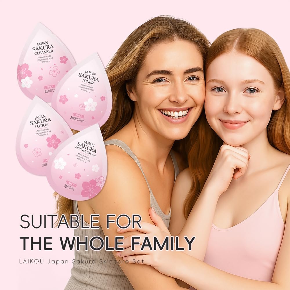Sakura Travel Skincare Sets - 60pcs Mini Travel Skin Care Kit with Cleanser, Toner, Lotion, Serum, Cream, Sleeping Mask Avelisse