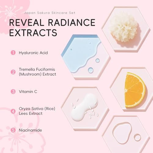 Sakura Travel Skincare Sets - 60pcs Mini Travel Skin Care Kit with Cleanser, Toner, Lotion, Serum, Cream, Sleeping Mask Avelisse