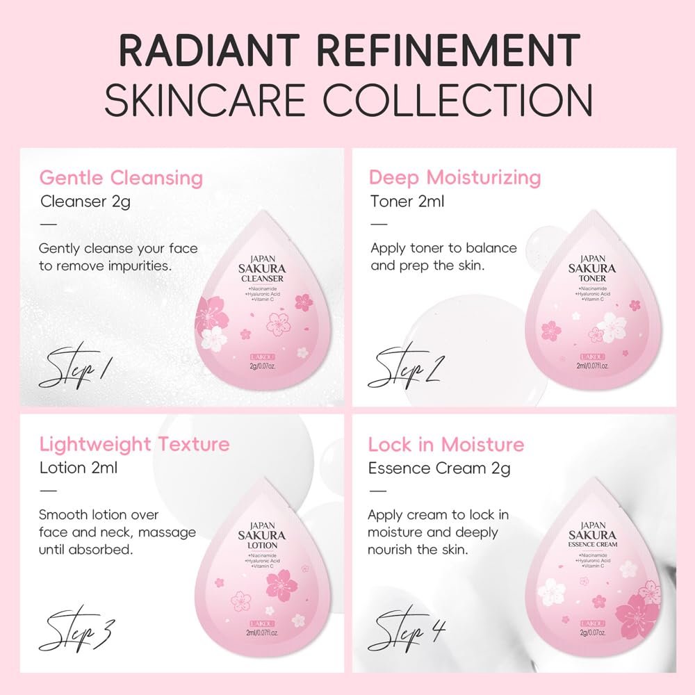 Sakura Travel Skincare Sets - 60pcs Mini Travel Skin Care Kit with Cleanser, Toner, Lotion, Serum, Cream, Sleeping Mask Avelisse