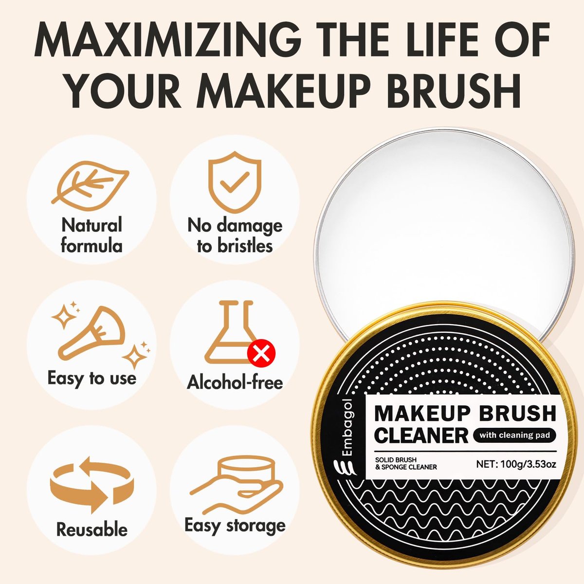 Embagol Makeup Brush Cleaner Solid Brush & Sponge Soap with Silicone Cleaning Pad, Vegan, Deep Cleaning, No Residue (100g/3.53oz) - görsel 5