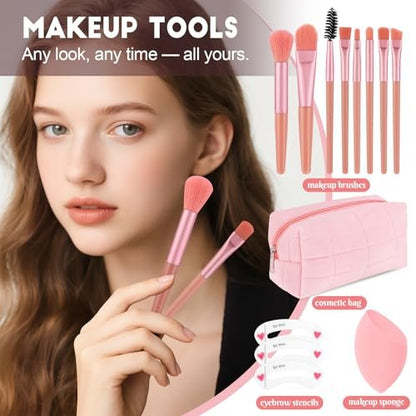 All In One Makeup Kit for Teen Girls Beginners - Complete Foundation, Eyeshadow, Lipstick, Eyeliner, Mascara, Brushes & Bag - Travel Friendly Makeup Gift Set, Birthday Gifts for Teen Girls, Graduation Gifts