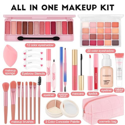 All In One Makeup Kit for Teen Girls Beginners - Complete Foundation, Eyeshadow, Lipstick, Eyeliner, Mascara, Brushes & Bag - Travel Friendly Makeup Gift Set, Birthday Gifts for Teen Girls, Graduation Gifts