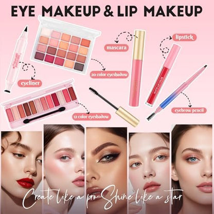 All In One Makeup Kit for Teen Girls Beginners - Complete Foundation, Eyeshadow, Lipstick, Eyeliner, Mascara, Brushes & Bag - Travel Friendly Makeup Gift Set, Birthday Gifts for Teen Girls, Graduation Gifts
