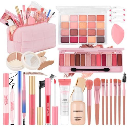 All In One Makeup Kit for Teen Girls Beginners - Complete Foundation, Eyeshadow, Lipstick, Eyeliner, Mascara, Brushes & Bag - Travel Friendly Makeup Gift Set, Birthday Gifts for Teen Girls, Graduation Gifts