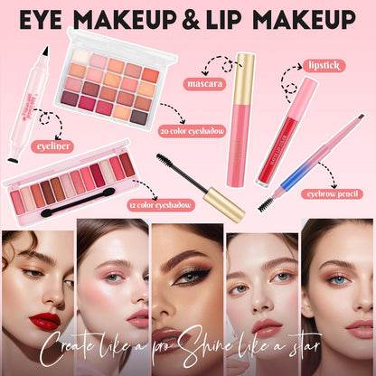 All In One Makeup Kit for Teen Girls Beginners - Complete Foundation, Eyeshadow, Lipstick, Eyeliner, Mascara, Brushes & Bag - Travel Friendly Makeup Gift Set, Birthday Gifts for Teen Girls, Graduation Gifts