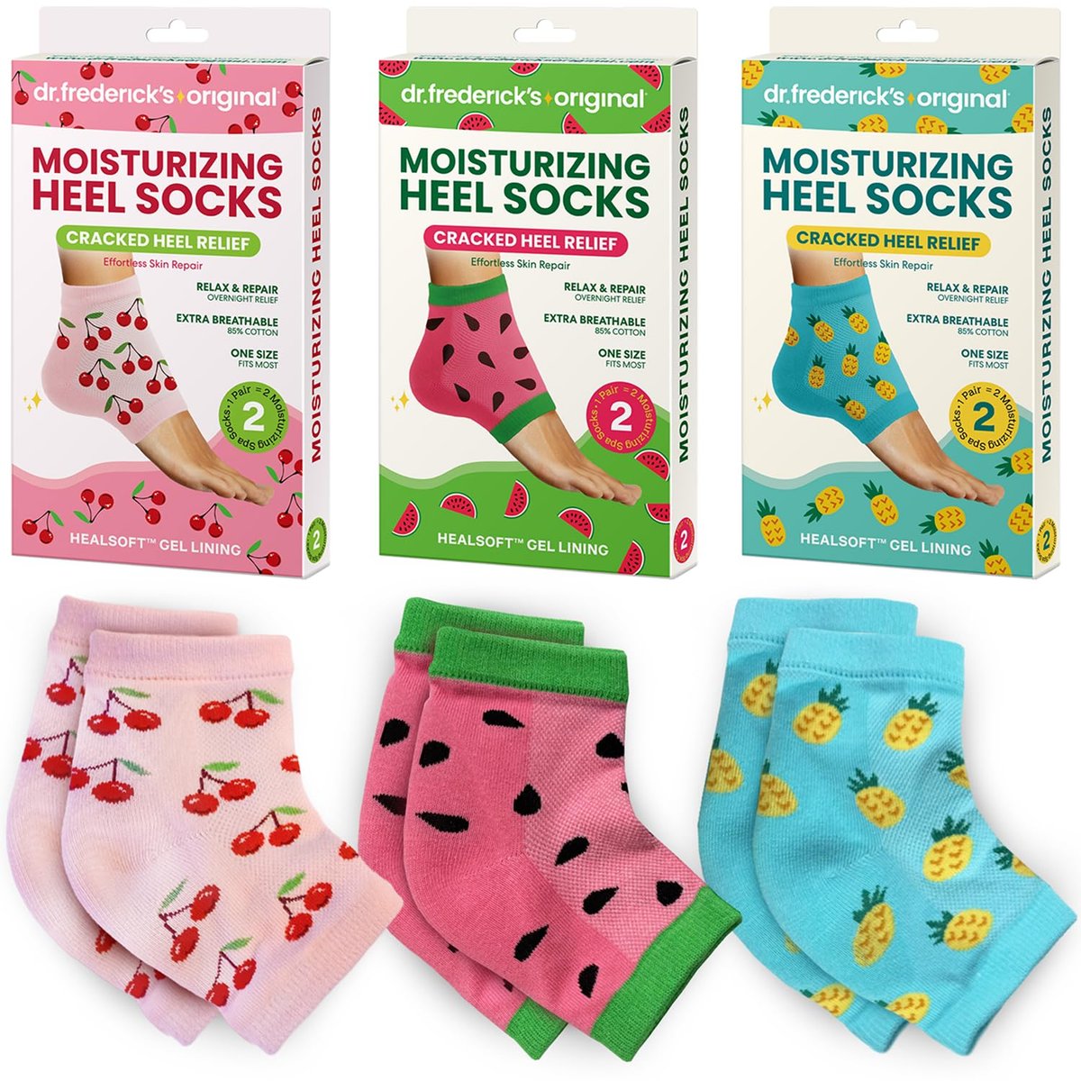 Dr. Frederick's Original Moisturizing Heel Socks for Dry Cracked Heels Treatment - 3 Pairs - Infused with Coconut Oil and Mango Butter - Summer Print Avelisse