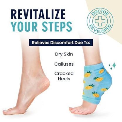 Dr. Frederick's Original Moisturizing Heel Socks for Dry Cracked Heels Treatment - 3 Pairs - Infused with Coconut Oil and Mango Butter - Summer Print Avelisse