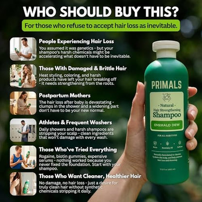 PRIMALS Hair Strengthening Shampoo - Caffeine, Biotin, Raw Honey, Rosemary Oil - Anti Hair Thinning - Natural Ingredients - Zero Artificial Fragrances, Sulfates, Parabens, or Dyes - 13.5 Fl Oz Avelisse