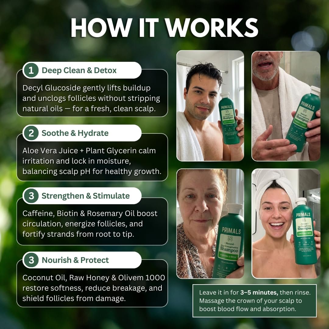 PRIMALS Hair Strengthening Shampoo - Caffeine, Biotin, Raw Honey, Rosemary Oil - Anti Hair Thinning - Natural Ingredients - Zero Artificial Fragrances, Sulfates, Parabens, or Dyes - 13.5 Fl Oz Avelisse