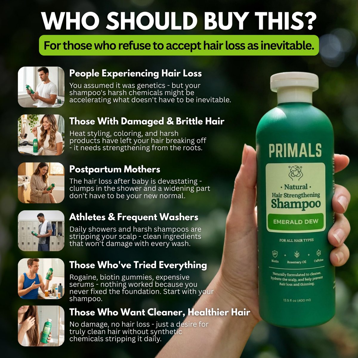 PRIMALS Hair Strengthening Shampoo - Caffeine, Biotin, Raw Honey, Rosemary Oil - Anti Hair Thinning - Natural Ingredients - Zero Artificial Fragrances, Sulfates, Parabens, or Dyes - 13.5 Fl Oz Avelisse