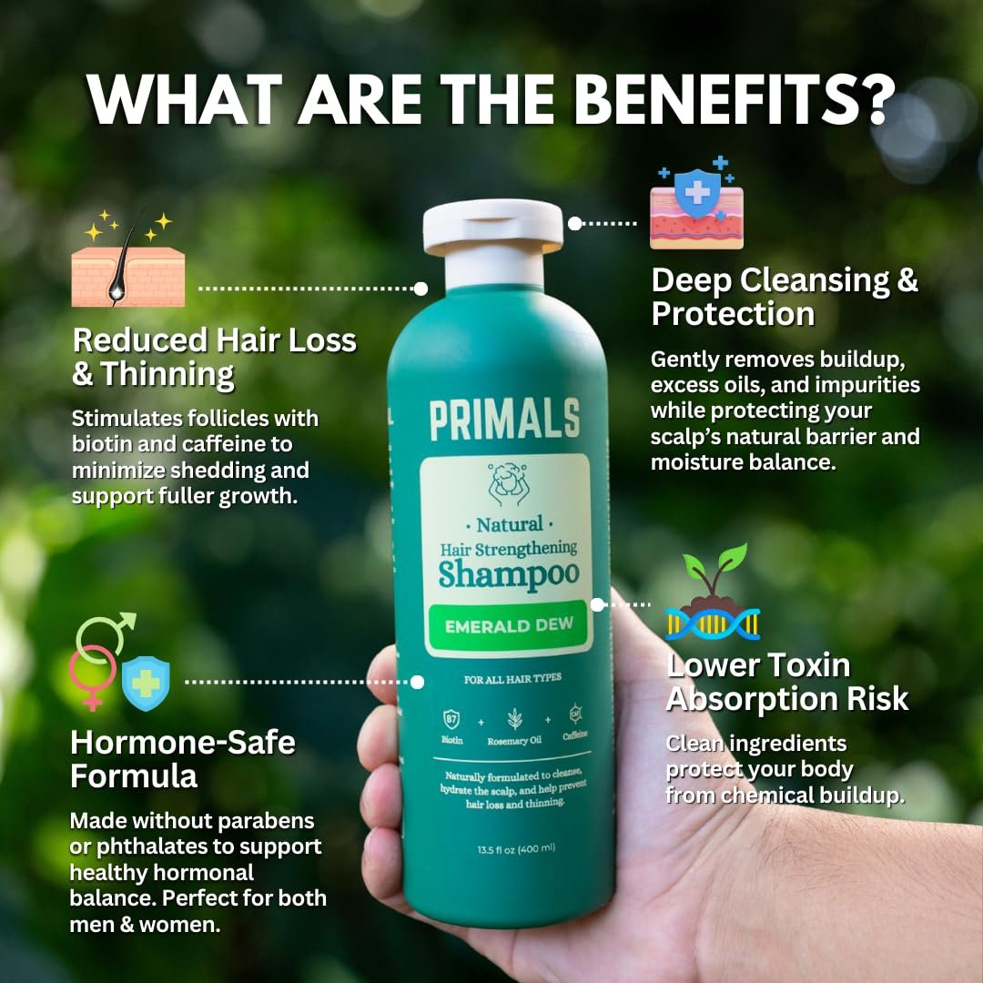 PRIMALS Hair Strengthening Shampoo - Caffeine, Biotin, Raw Honey, Rosemary Oil - Anti Hair Thinning - Natural Ingredients - Zero Artificial Fragrances, Sulfates, Parabens, or Dyes - 13.5 Fl Oz Avelisse
