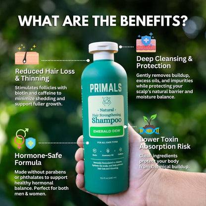 PRIMALS Hair Strengthening Shampoo - Caffeine, Biotin, Raw Honey, Rosemary Oil - Anti Hair Thinning - Natural Ingredients - Zero Artificial Fragrances, Sulfates, Parabens, or Dyes - 13.5 Fl Oz Avelisse