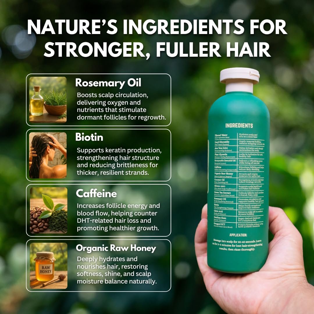 PRIMALS Hair Strengthening Shampoo - Caffeine, Biotin, Raw Honey, Rosemary Oil - Anti Hair Thinning - Natural Ingredients - Zero Artificial Fragrances, Sulfates, Parabens, or Dyes - 13.5 Fl Oz Avelisse