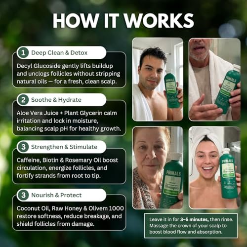 PRIMALS Hair Strengthening Shampoo - Caffeine, Biotin, Raw Honey, Rosemary Oil - Anti Hair Thinning - Natural Ingredients - Zero Artificial Fragrances, Sulfates, Parabens, or Dyes - 13.5 Fl Oz Avelisse