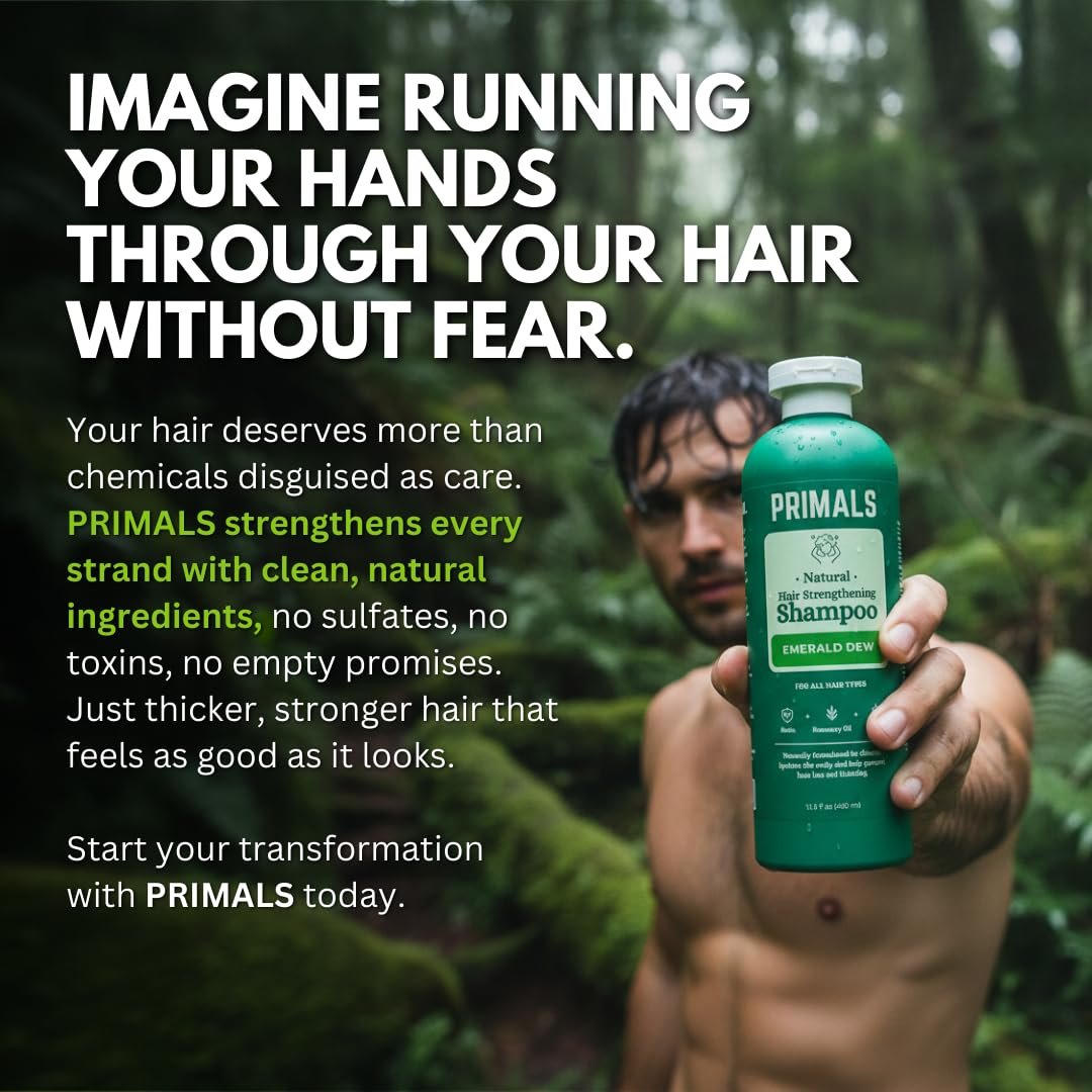 PRIMALS Hair Strengthening Shampoo - Caffeine, Biotin, Raw Honey, Rosemary Oil - Anti Hair Thinning - Natural Ingredients - Zero Artificial Fragrances, Sulfates, Parabens, or Dyes - 13.5 Fl Oz Avelisse