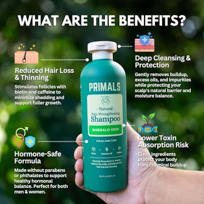 PRIMALS Hair Strengthening Shampoo - Caffeine, Biotin, Raw Honey, Rosemary Oil - Anti Hair Thinning - Natural Ingredients - Zero Artificial Fragrances, Sulfates, Parabens, or Dyes - 13.5 Fl Oz Avelisse