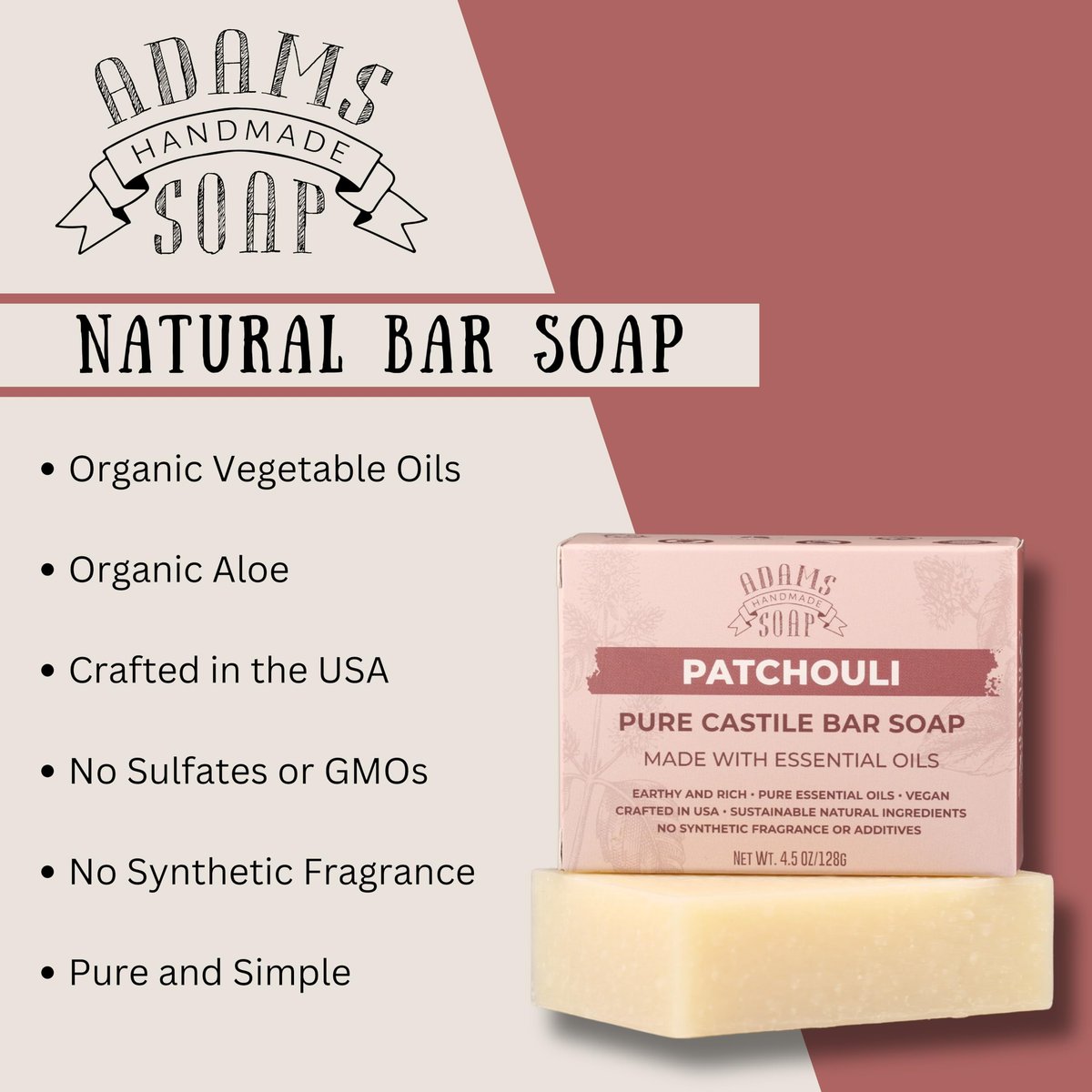 Adams Handmade Soap Patchouli Pure Castile Bar Soap – 4.5 oz | Vegan, Cold Process, Essential Oils, 84% Organic, Fair Trade, No Additives, USA Made - görsel 3