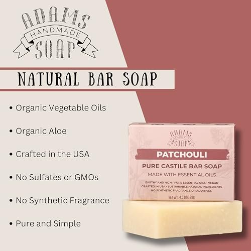 Adams Handmade Soap Patchouli Pure Castile Bar Soap – 4.5 oz | Vegan, Cold Process, Essential Oils, 84% Organic, Fair Trade, No Additives, USA Made - görsel 4