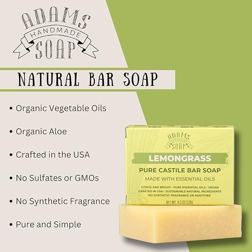 Adams Handmade Soap Lemongrass Pure Castile Bar Soap – 4.5 oz | Vegan, Cold Process, Essential Oils, 84% Organic, Fair Trade, No Additives, USA Made Avelisse