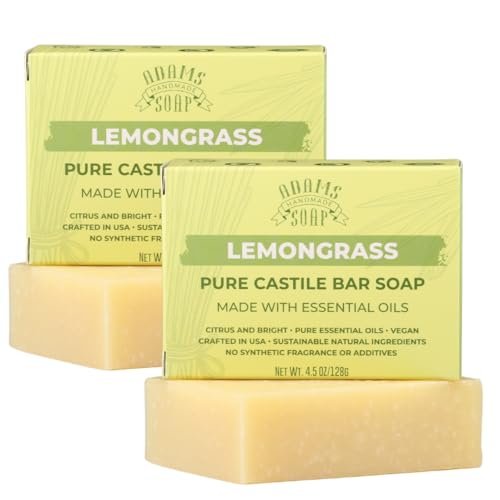 Adams Handmade Soap Lemongrass Pure Castile Bar Soap – 4.5 oz | Vegan, Cold Process, Essential Oils, 84% Organic, Fair Trade, No Additives, USA Made Avelisse