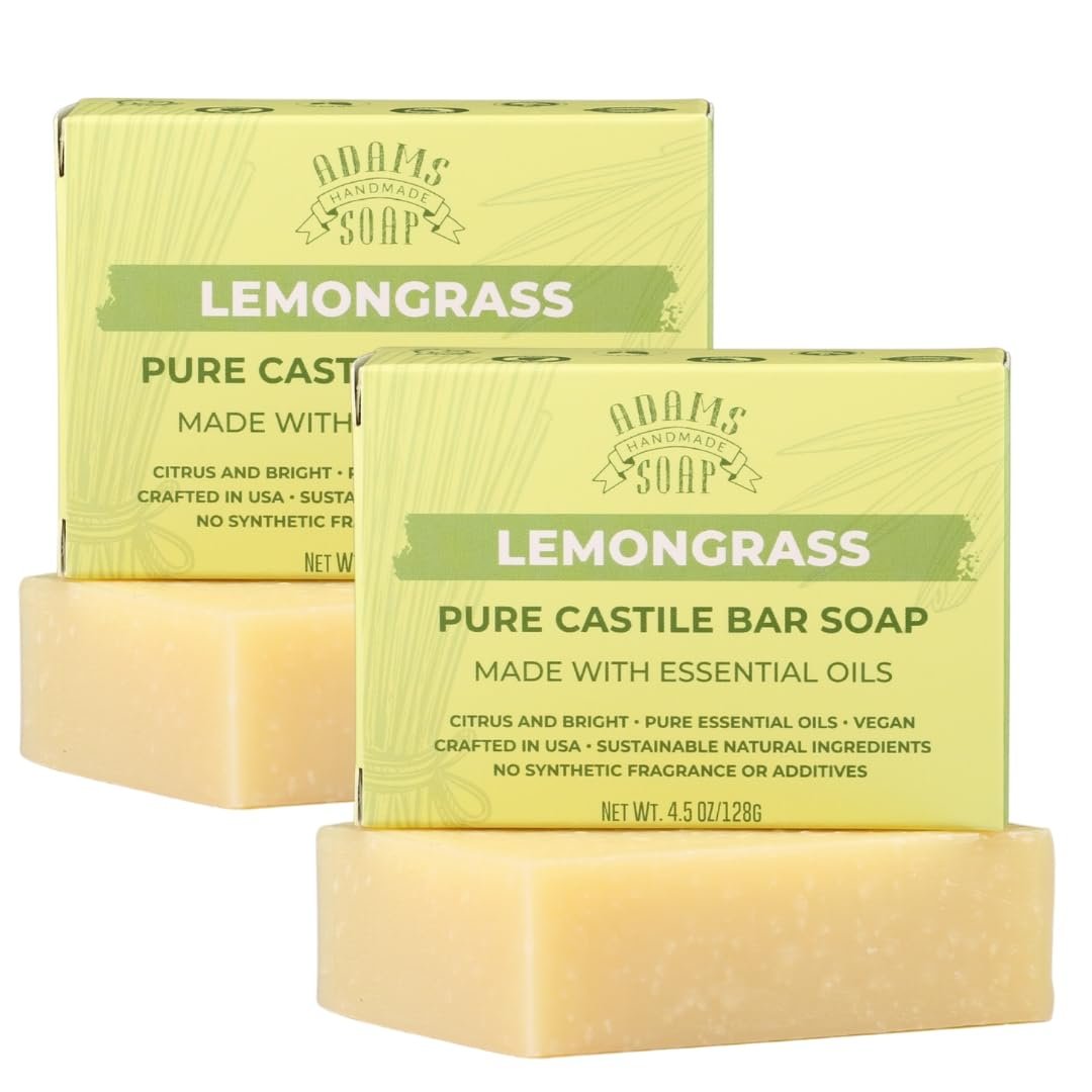 Adams Handmade Soap Lemongrass Pure Castile Bar Soap – 4.5 oz | Vegan, Cold Process, Essential Oils, 84% Organic, Fair Trade, No Additives, USA Made Avelisse
