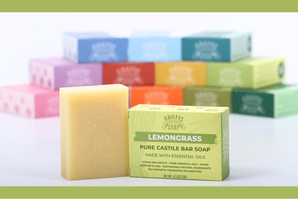Adams Handmade Soap Lemongrass Pure Castile Bar Soap – 4.5 oz | Vegan, Cold Process, Essential Oils, 84% Organic, Fair Trade, No Additives, USA Made Avelisse