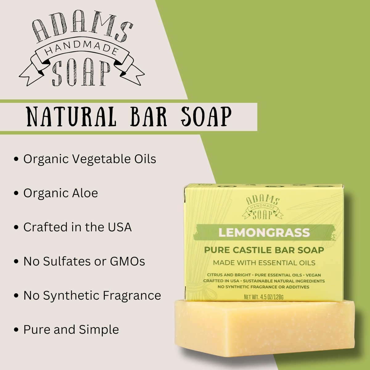 Adams Handmade Soap Lemongrass Pure Castile Bar Soap – 4.5 oz | Vegan, Cold Process, Essential Oils, 84% Organic, Fair Trade, No Additives, USA Made Avelisse