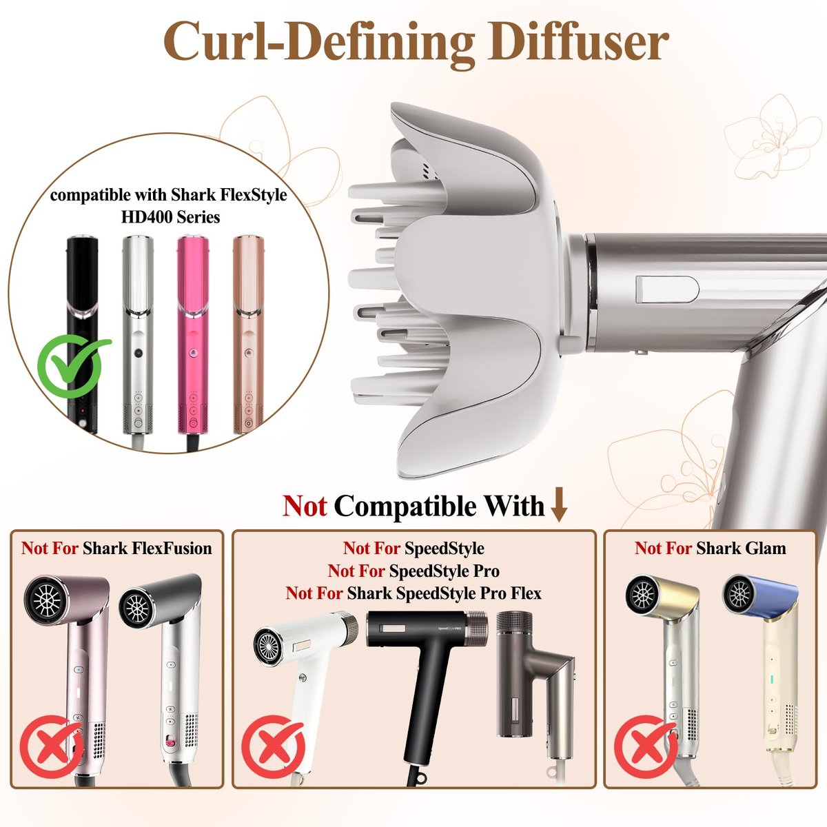 FABMIRA Curl-Defining Diffuser Attachment for Shark FlexStyle – Adjustable Prongs Diffuser for Curly and Coily Hair, Reduces Frizz, Defines Curls, Lifts Roots (Stone) Avelisse