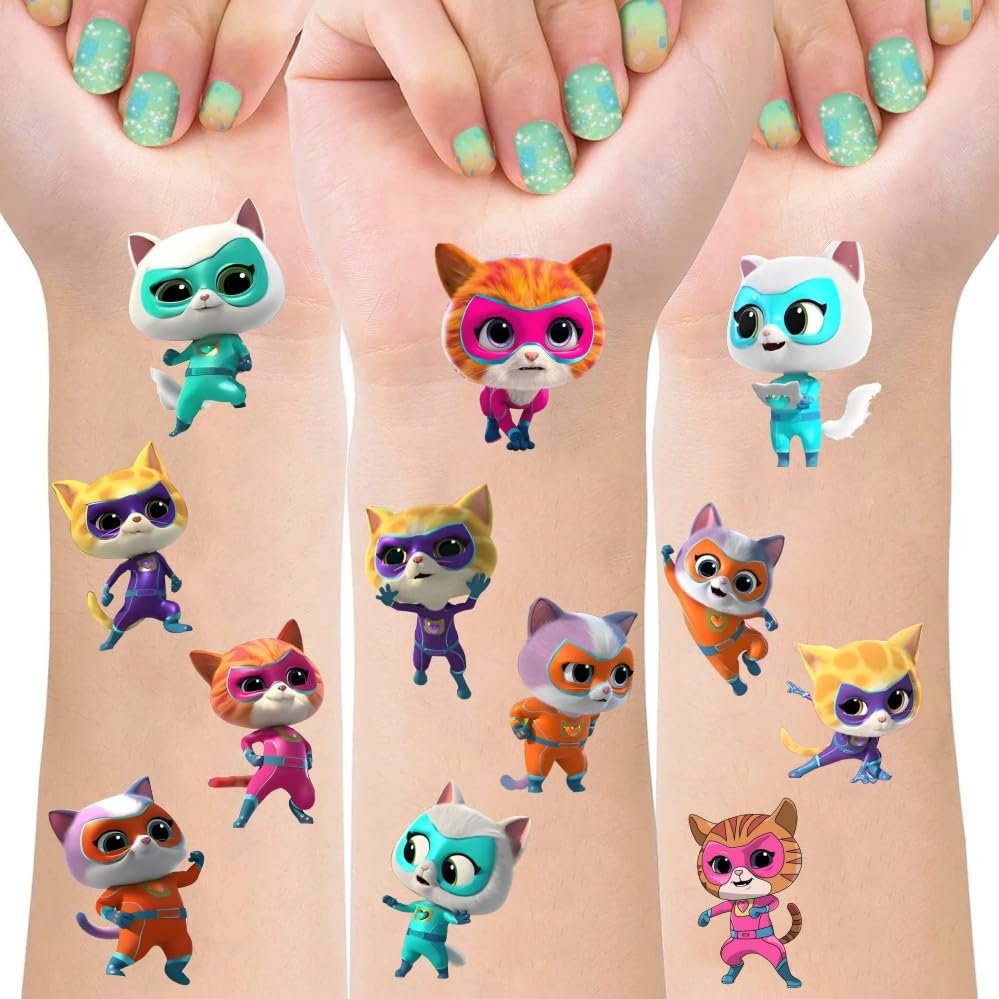 8 Sheets Super Cats Temporary Tattoos for Kids - Kitties Birthday Party Decorations & Party Supplies Avelisse