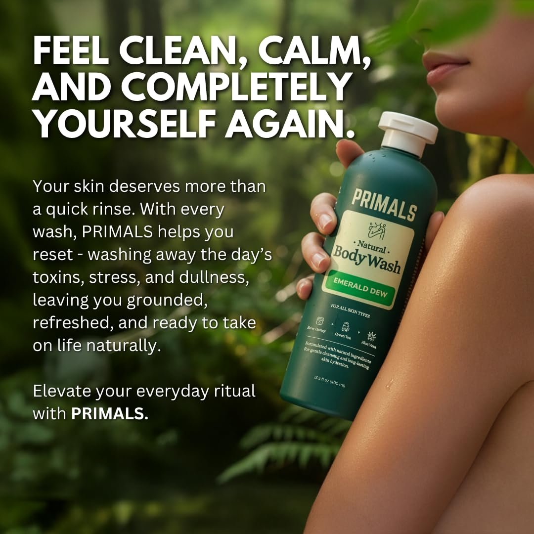 PRIMALS Natural Body Wash - Aloe Vera, Raw Honey, Green Tea - 13.5 Fl Oz - Sulfate-Free, Paraben-Free, Dye-Free Avelisse