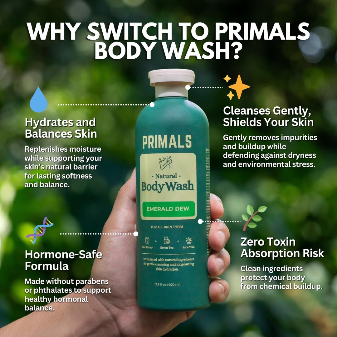 PRIMALS Natural Body Wash - Aloe Vera, Raw Honey, Green Tea - 13.5 Fl Oz - Sulfate-Free, Paraben-Free, Dye-Free Avelisse