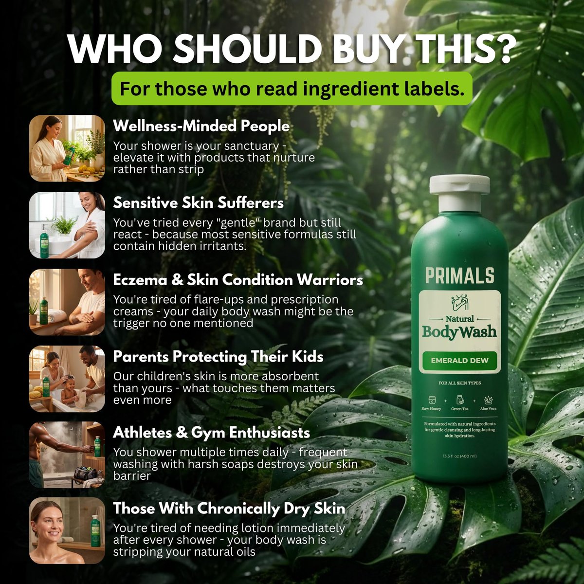 PRIMALS Natural Body Wash - Aloe Vera, Raw Honey, Green Tea - 13.5 Fl Oz - Sulfate-Free, Paraben-Free, Dye-Free Avelisse