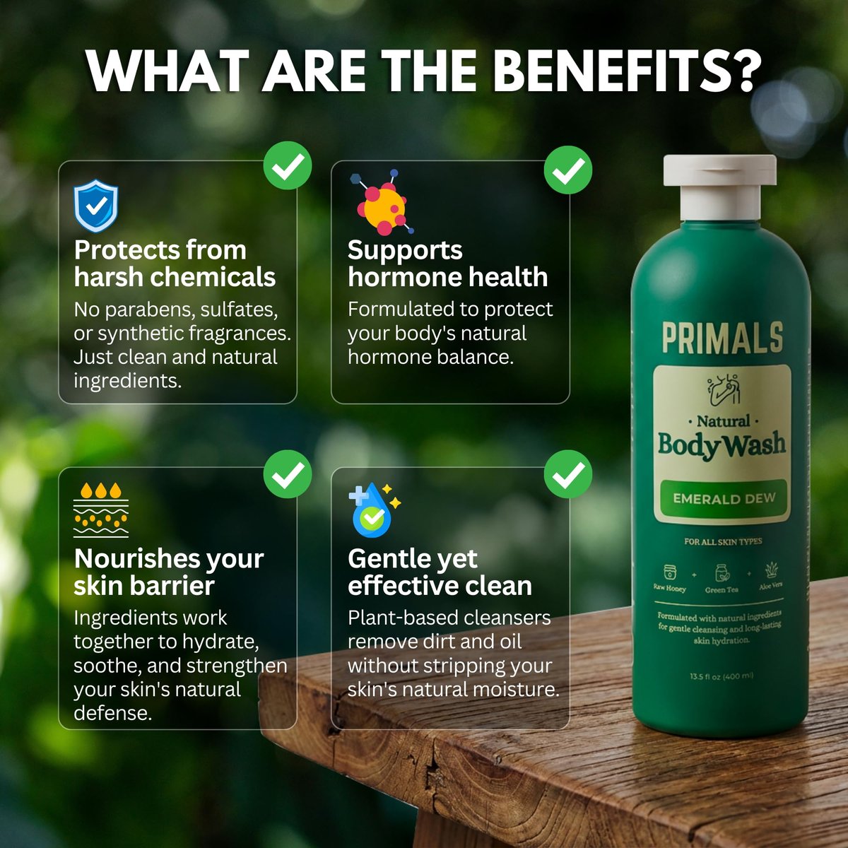 PRIMALS Natural Body Wash - Aloe Vera, Raw Honey, Green Tea - 13.5 Fl Oz - Sulfate-Free, Paraben-Free, Dye-Free Avelisse