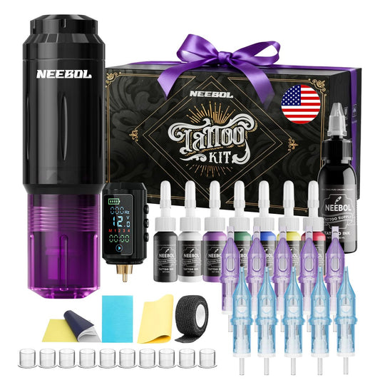 Neebol Wireless Tattoo Gun Kit for Beginners – 1600mAh Battery, Tattoo Pen Machine, 10 Cartridge Needles, Black & Color Ink Set, Complete Tattoo Kit