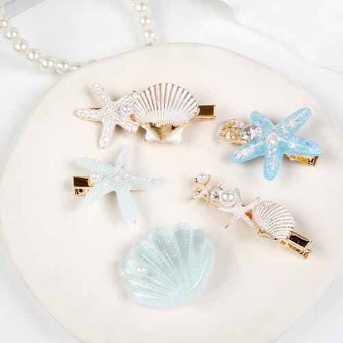 5 PCS Shell Pearl Starfish Hair Clip Set – Princess Mermaid Hair Accessories for Women, White & Blue - görsel 12