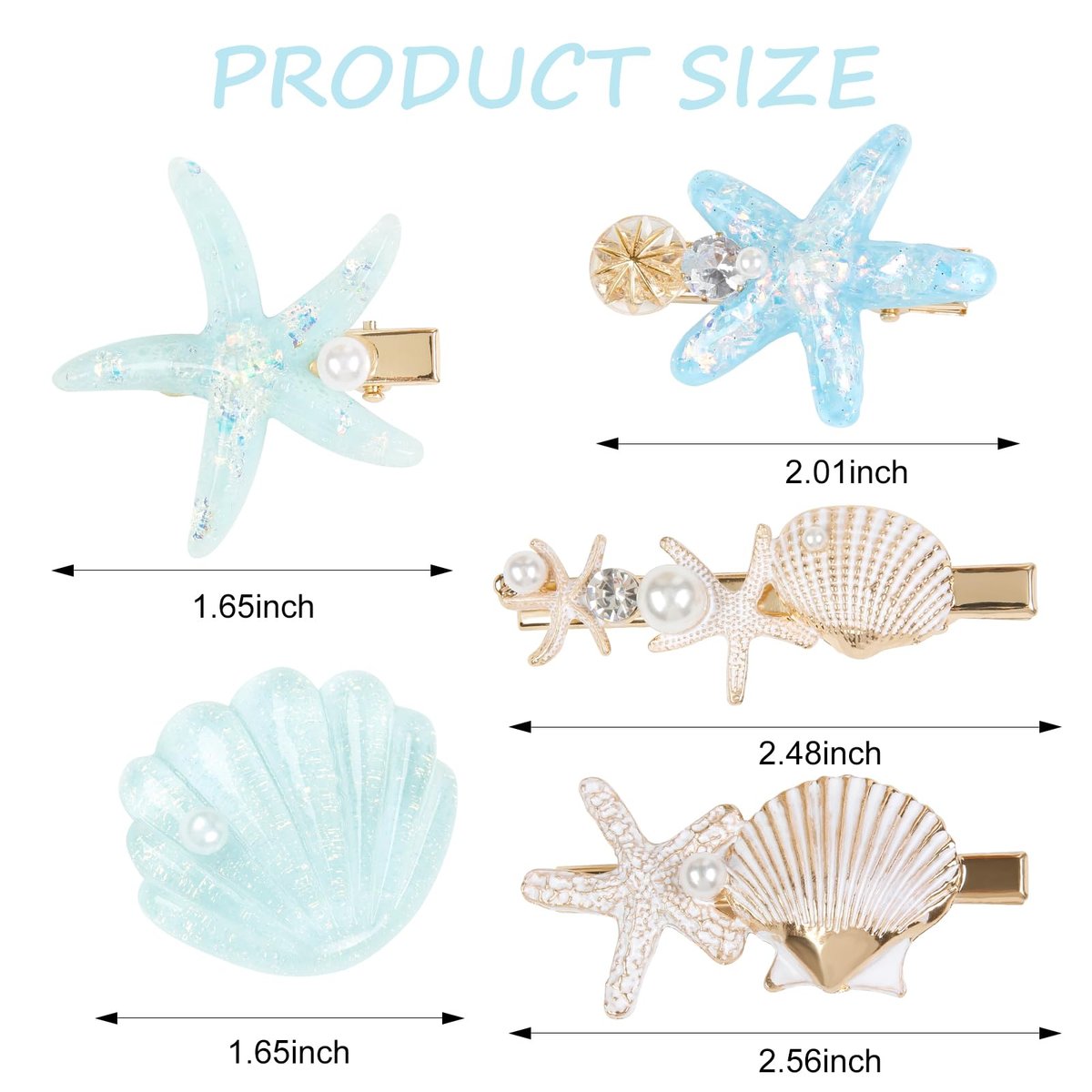 5 PCS Shell Pearl Starfish Hair Clip Set – Princess Mermaid Hair Accessories for Women, White & Blue - görsel 3