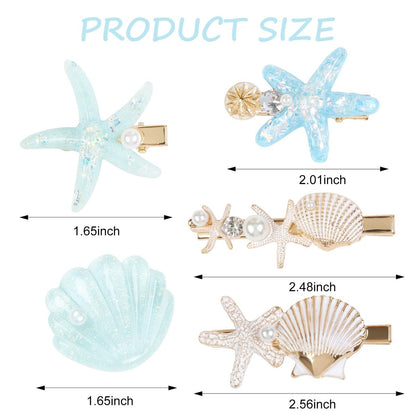 5 PCS Shell Pearl Starfish Hair Clip Set – Princess Mermaid Hair Accessories for Women, White & Blue
